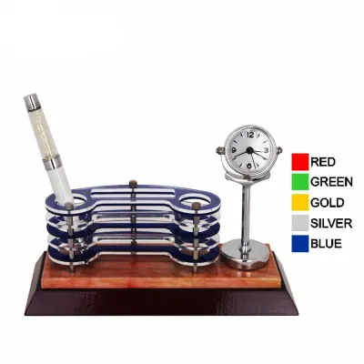 Wooden Acrylic Pen Holder with Clock 7103