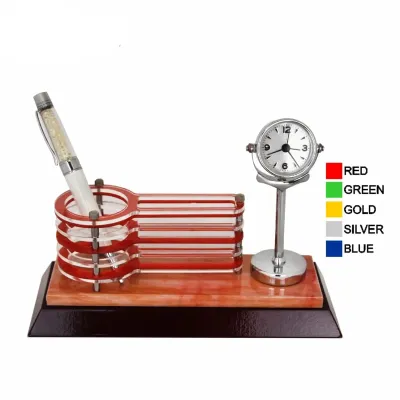 Wooden Acrylic Pen Holder with Clock 7104