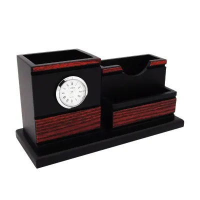 Wooden Pen Holder & Memo Holder with Clock 7219