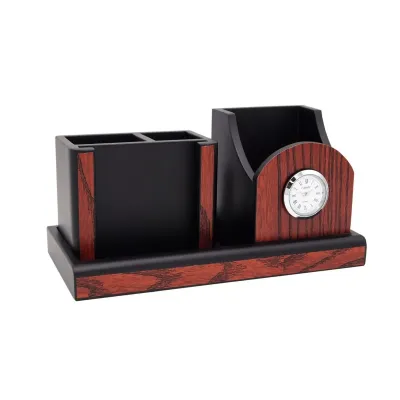 Wooden Pen Holder & Memo Holder with Clock 7222