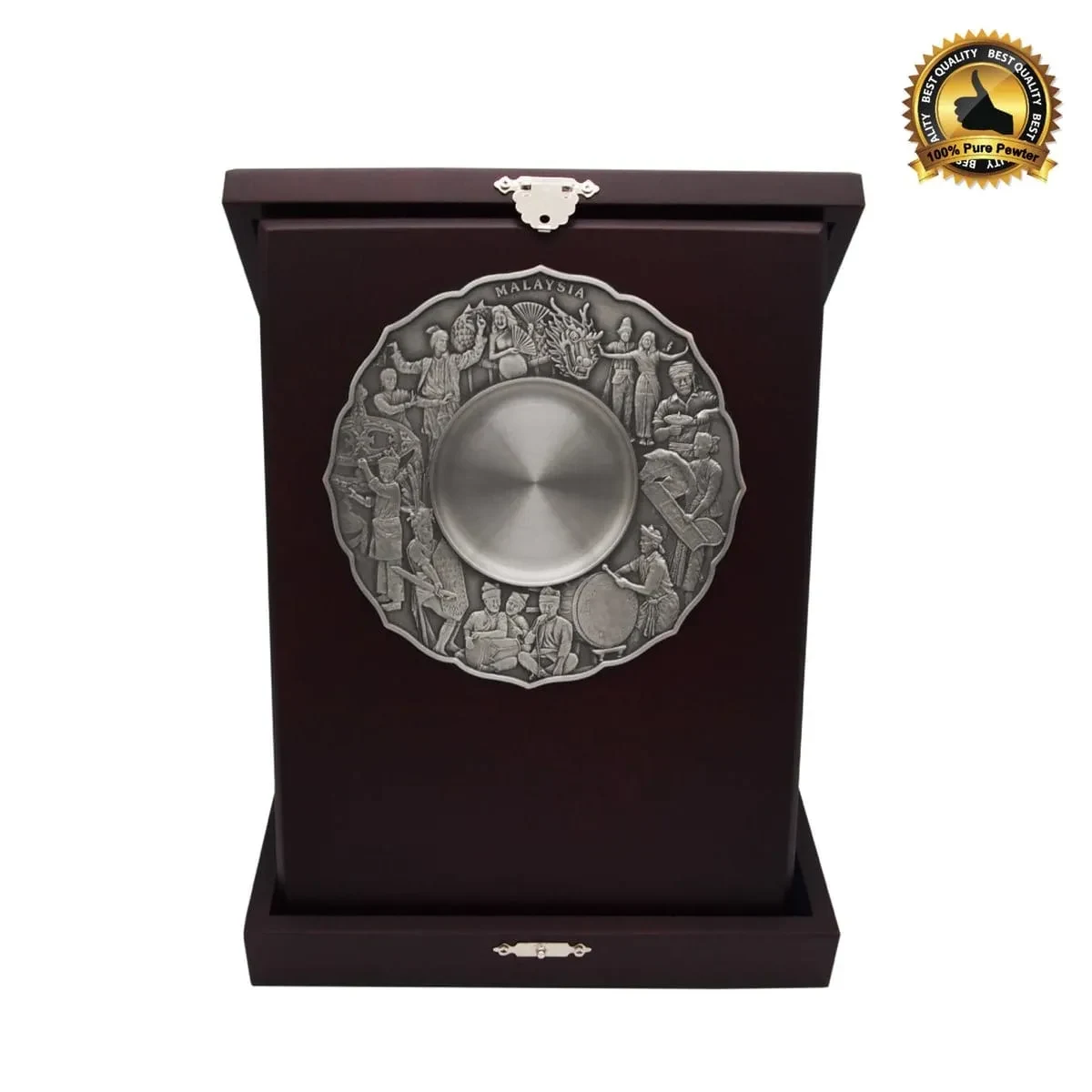 Wooden Box with Cultural Dance Pewter Plate P-7616