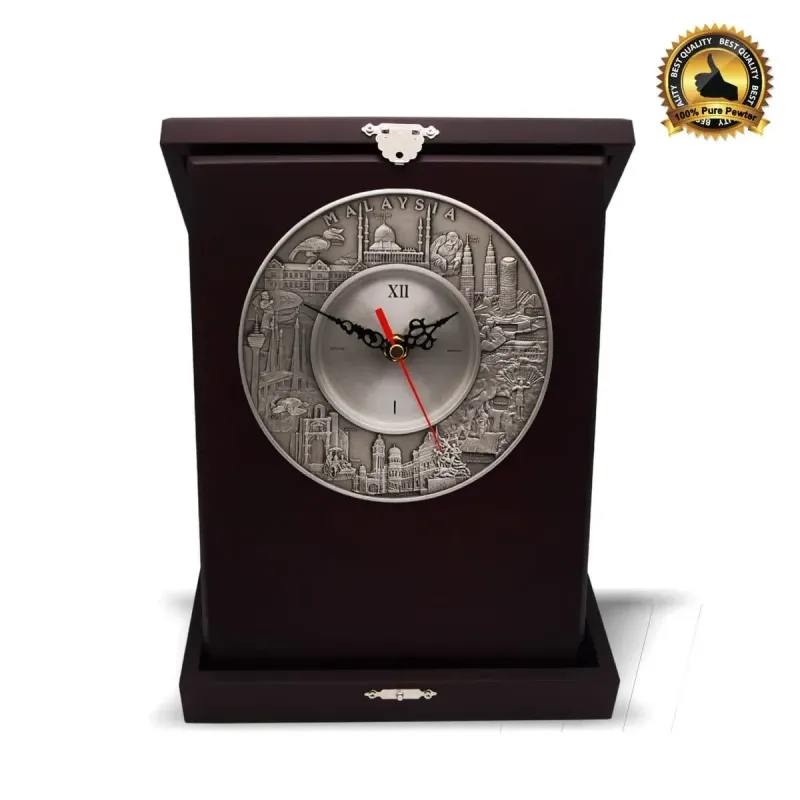Wooden Box with Malaysia Landmark Pewter Clock Plate (Mosque) P-7619 pewter awards & gifts product image