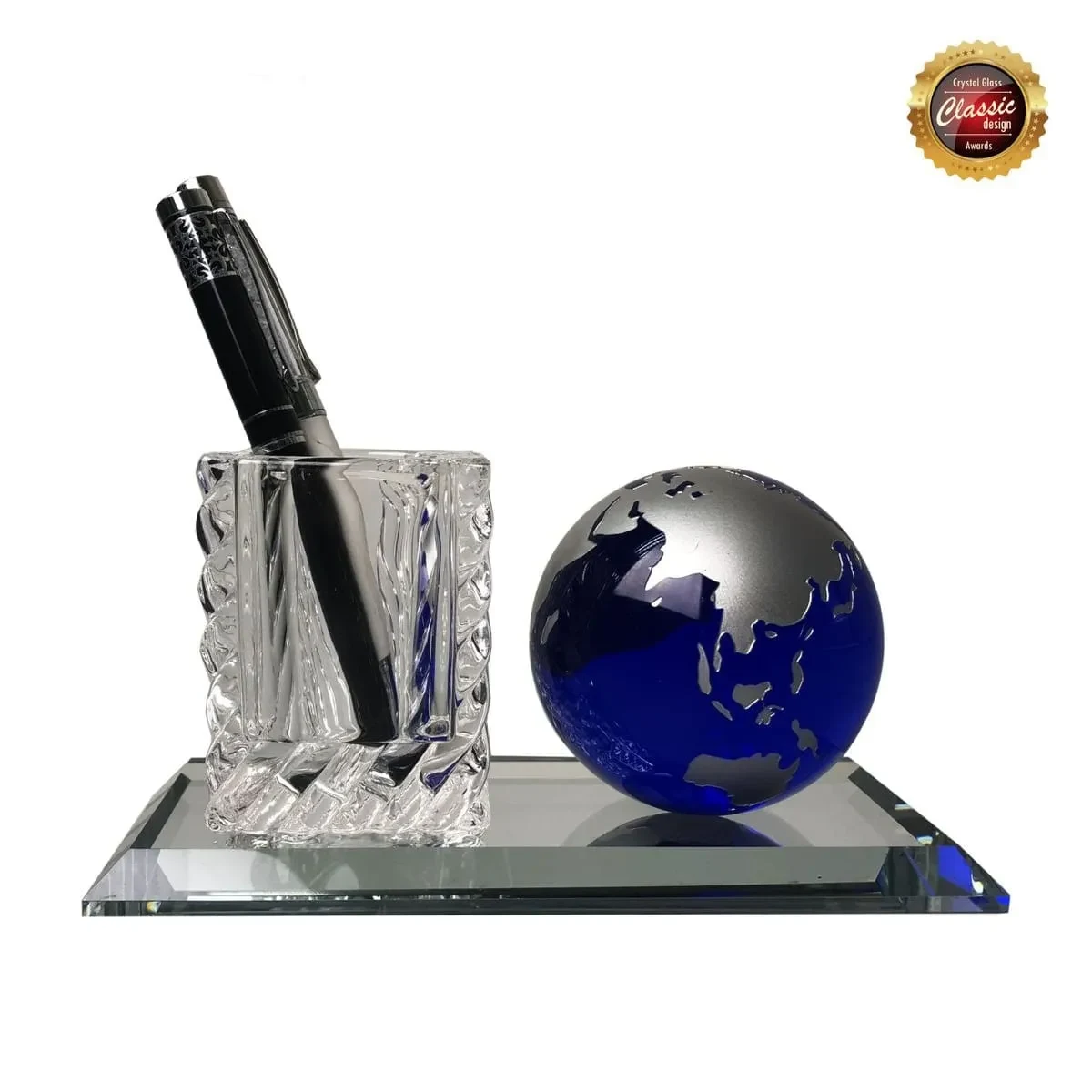 Crystal Pen Holder with Blue Globe 8340