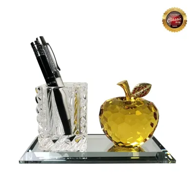 Crystal Pen Holder with Crystal Gold Apple 8341