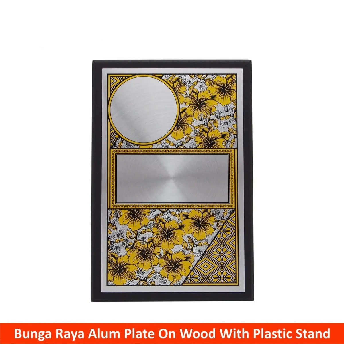 Bunga Raya Aluminum Plate on Wood with Plastic Stand