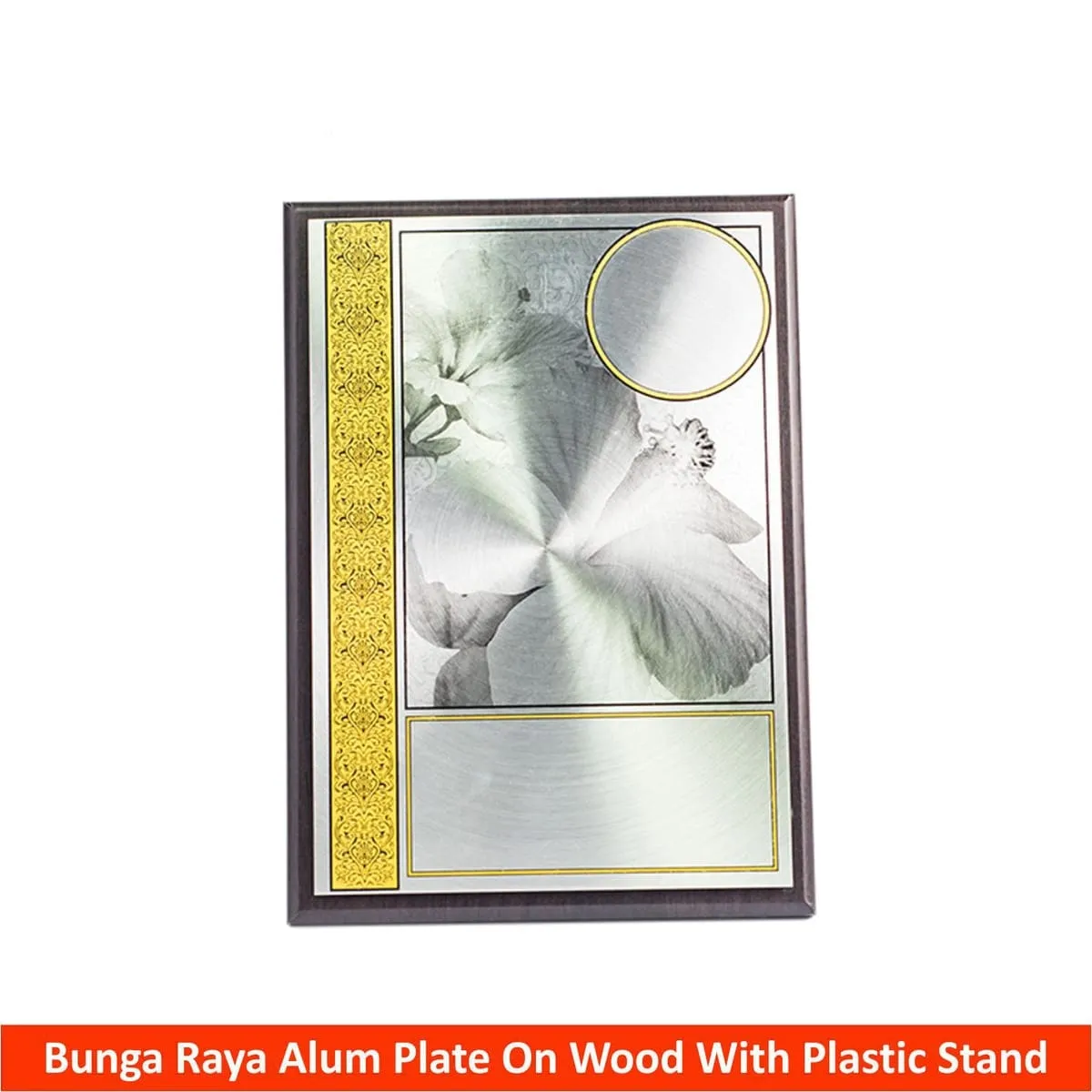 Bunga Raya Aluminum Plate on Wood with Plastic Stand