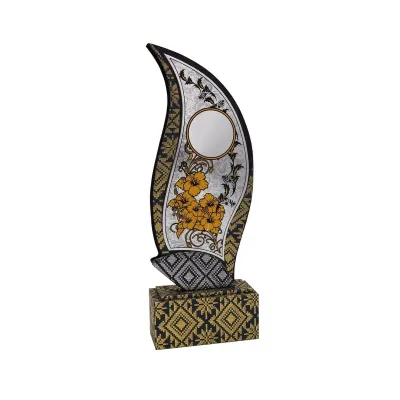 Songket Wood Stand with Bunga Raya Aluminum Plate (MAROON / BLUE) EP311