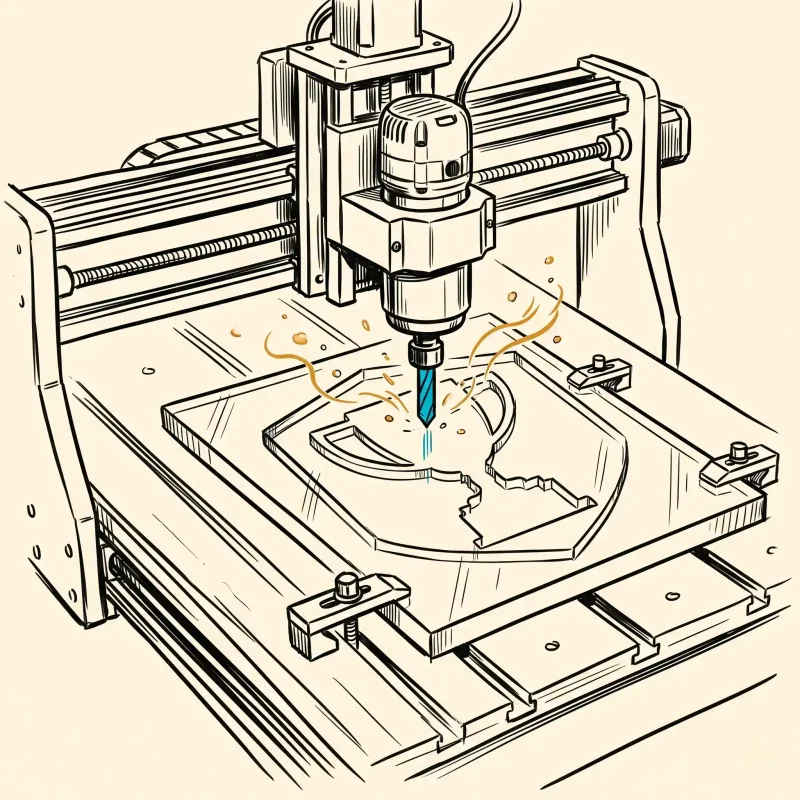 CNC router cutting a custom acrylic trophy silhouette — iTrophy KL line illustration.