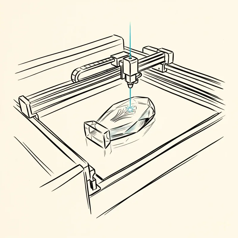 CO2 laser engraving an optical crystal trophy at the iTrophy KL workshop — line illustration.