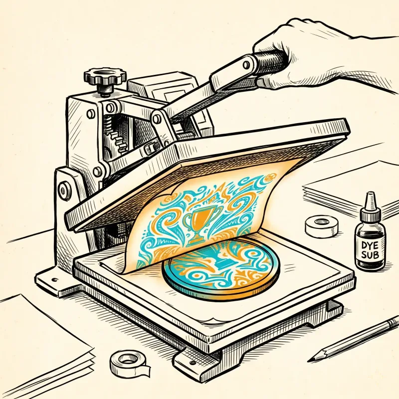 Dye sublimation heat press transferring a colourful design onto a medal — iTrophy KL line illustration.
