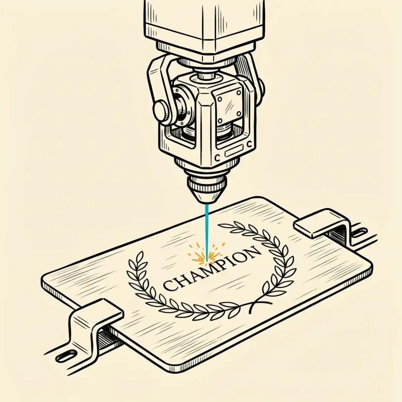 Fibre laser marking a "Champion" laurel-wreath design onto a metal trophy plaque — line illustration.