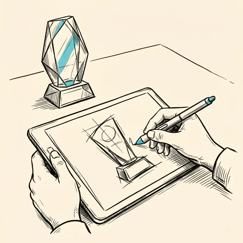 iTrophy designer sketching a crystal trophy on a graphics tablet — in-house design service in KL.