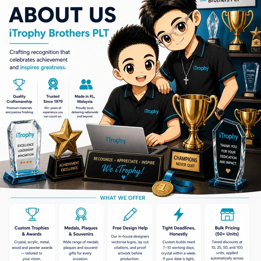 iTrophy Brothers PLT — second-generation principals at the Brem Park studio in Kuala Lumpur, surrounded by crystal trophies, plaques, medals and the brand wall.