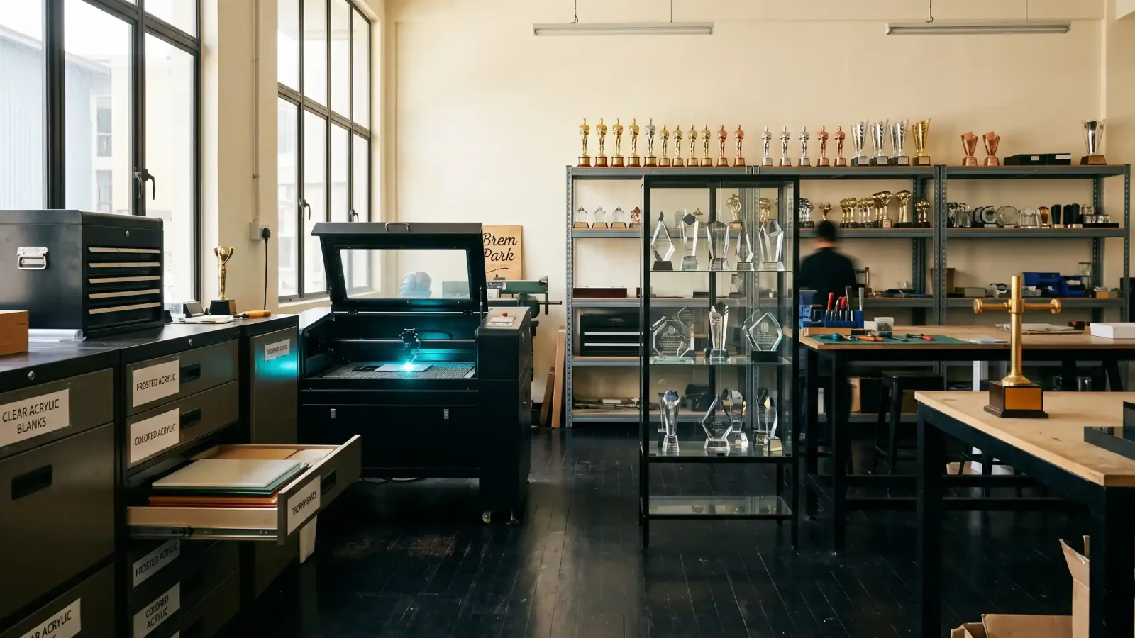 Wide interior of the iTrophy engraving workshop at Brem Park, Kuchai Lama, Kuala Lumpur — CO2 laser engraver running and a glass cabinet of finished trophies on the right.