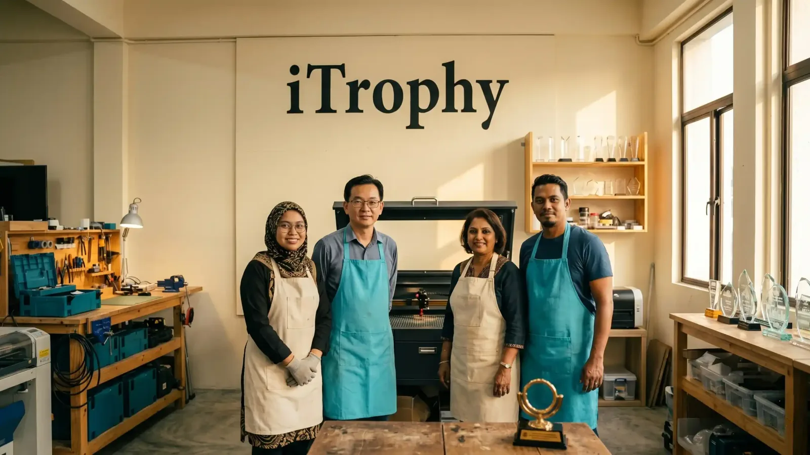 iTrophy team in front of the Brem Park workshop wall sign in Kuala Lumpur — four craftspeople in cyan and cream aprons standing beside a CO2 laser engraver.