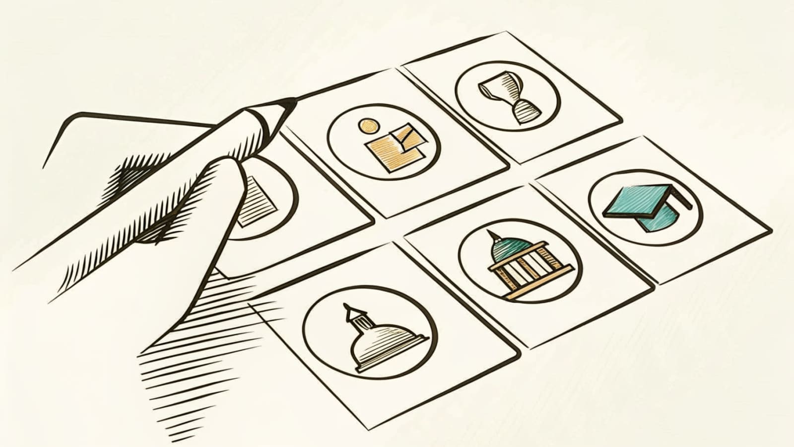 Stylised mood-board of customer-type icon cards — graduation cap, championship cup, corporate building, mosque dome, school flag, ribbon medal — laid out on cream paper.