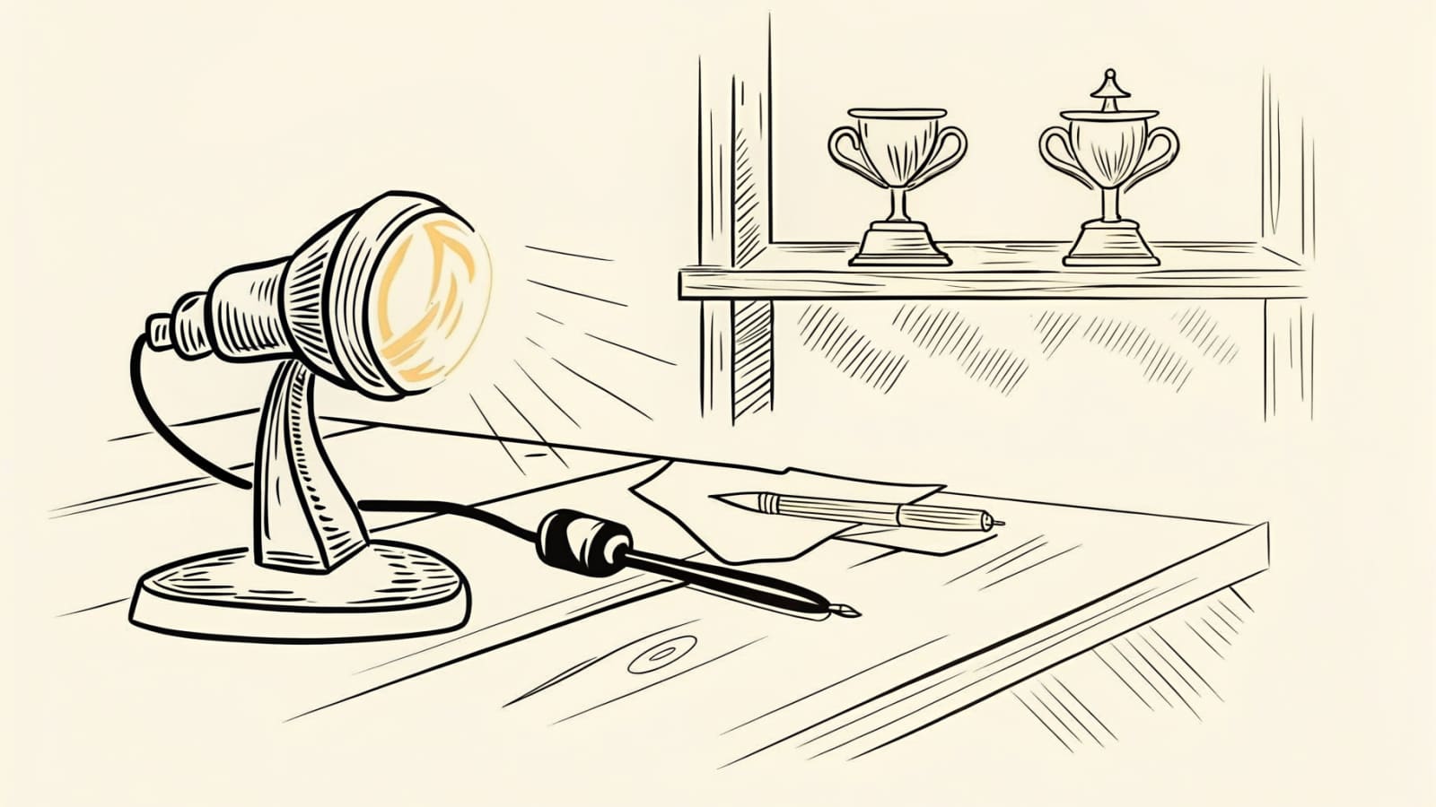 Heritage trophy workshop scene with vintage hand-router engraving tool, warm desk lamp, and finished crystal trophies on a back shelf — illustrated in iTrophy's hand-drawn brand style.