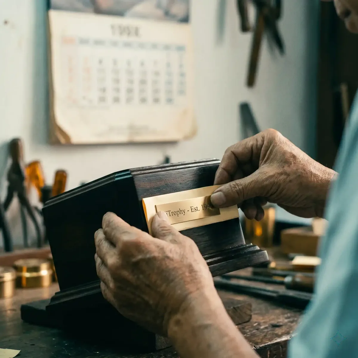 An iTrophy craftsman placing an engraved brass nameplate onto a dark walnut trophy base — heritage detail from the Brem Park, Kuchai Lama workshop in Kuala Lumpur.