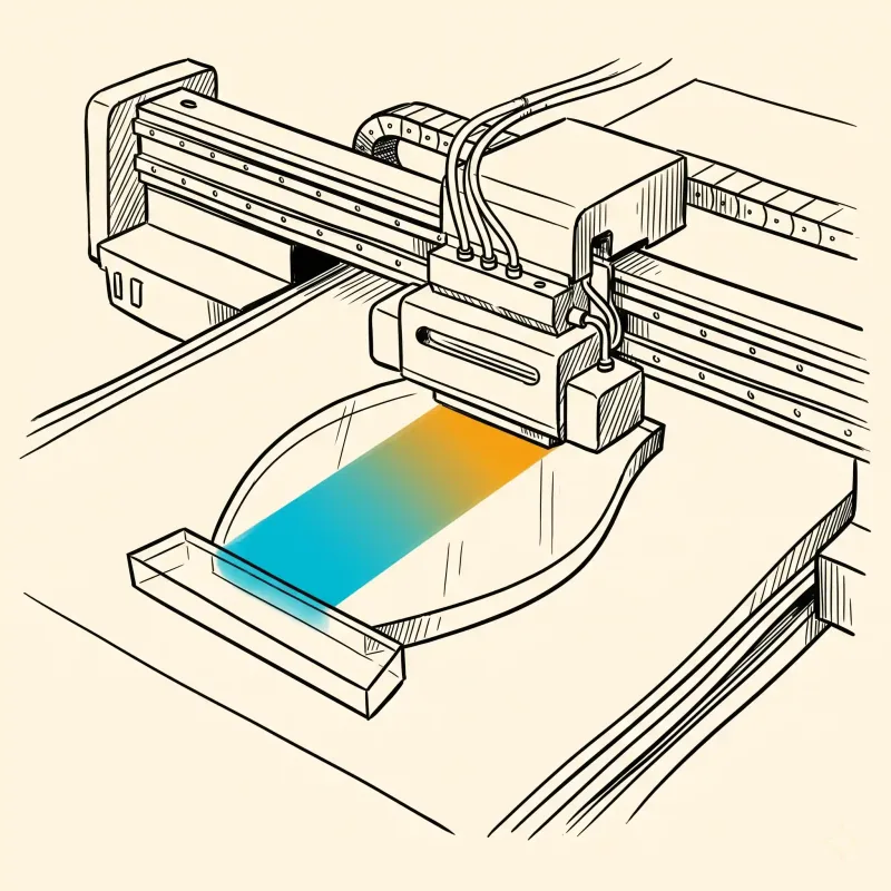 UV flatbed printer laying a cyan-to-amber gradient onto a clear acrylic award — iTrophy KL line illustration.