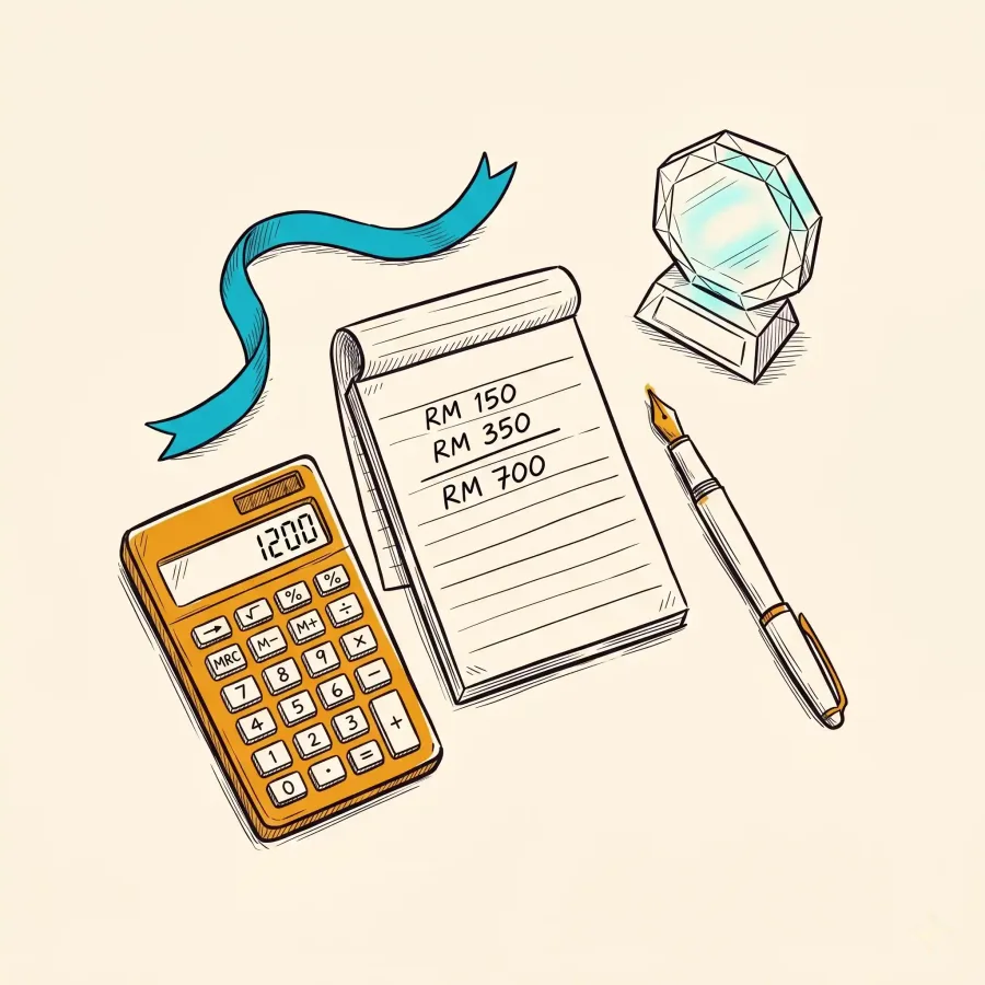 Notepad with handwritten Malaysian Ringgit budget figures beside a Malaysian Design Awards crystal trophy, brass calculator and cyan ribbon — iTrophy MY transparent pricing flat-lay.