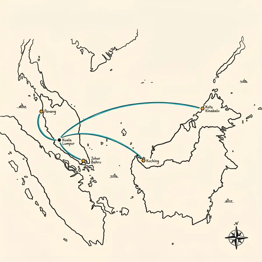 Hand-drawn editorial map of Malaysia showing iTrophy delivery routes from Kuala Lumpur out to Penang, Johor Bahru, Kuching and Kota Kinabalu.