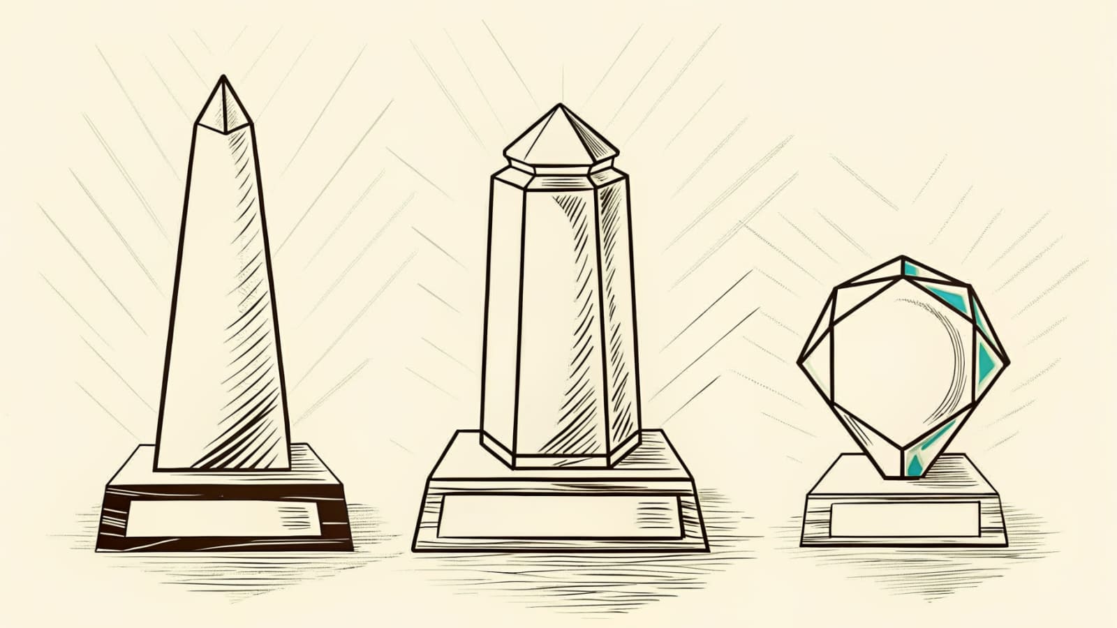 Hand-drawn brand illustration for the Crystal Trophies buyer's guide.
