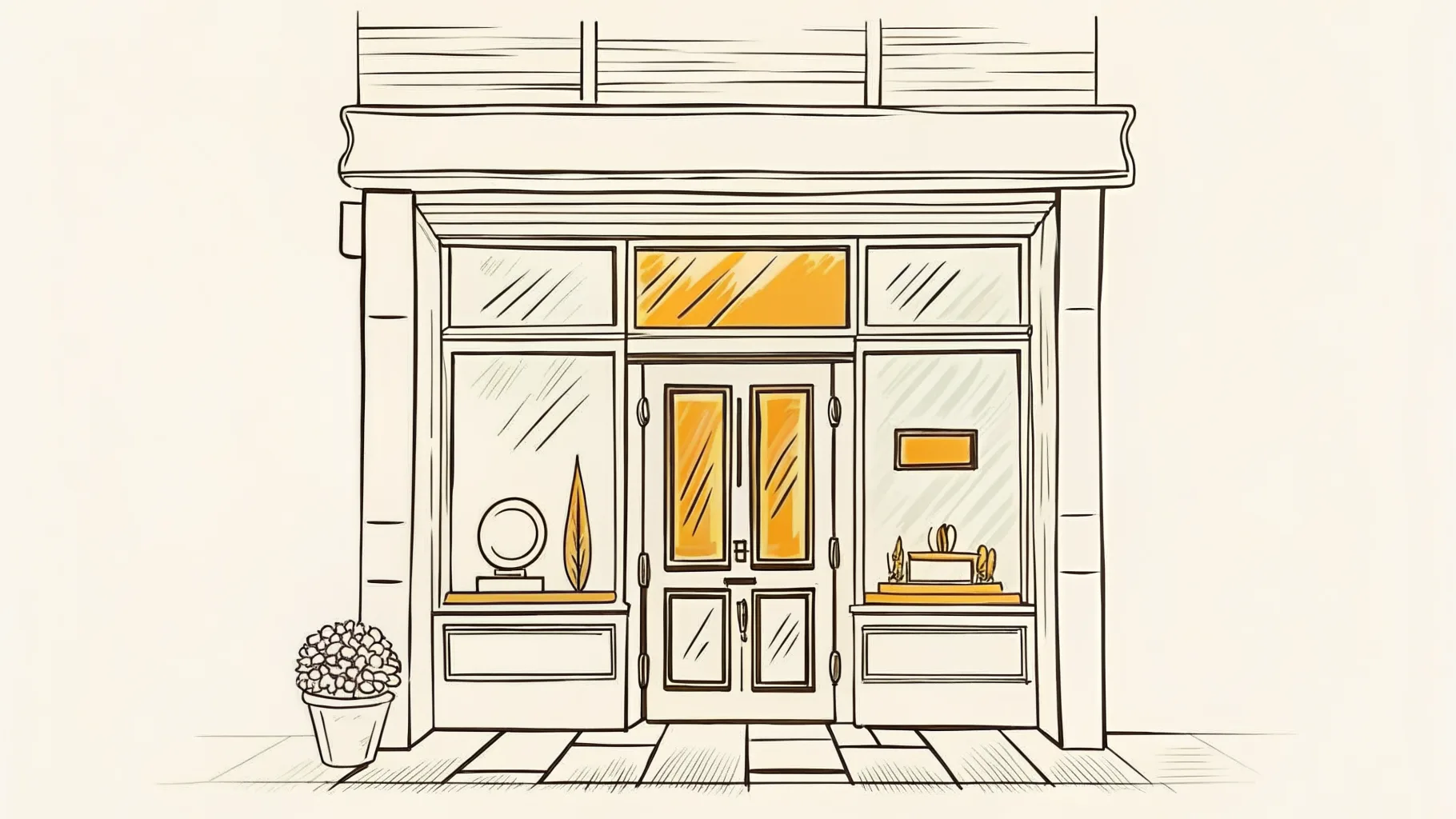 The iTrophy Brem Park studio storefront in Kuchai Lama — a small KL trophy shop with a glimpse of trophies in the window and a warm afternoon glow inside, illustrated in iTrophy's hand-drawn brand style.