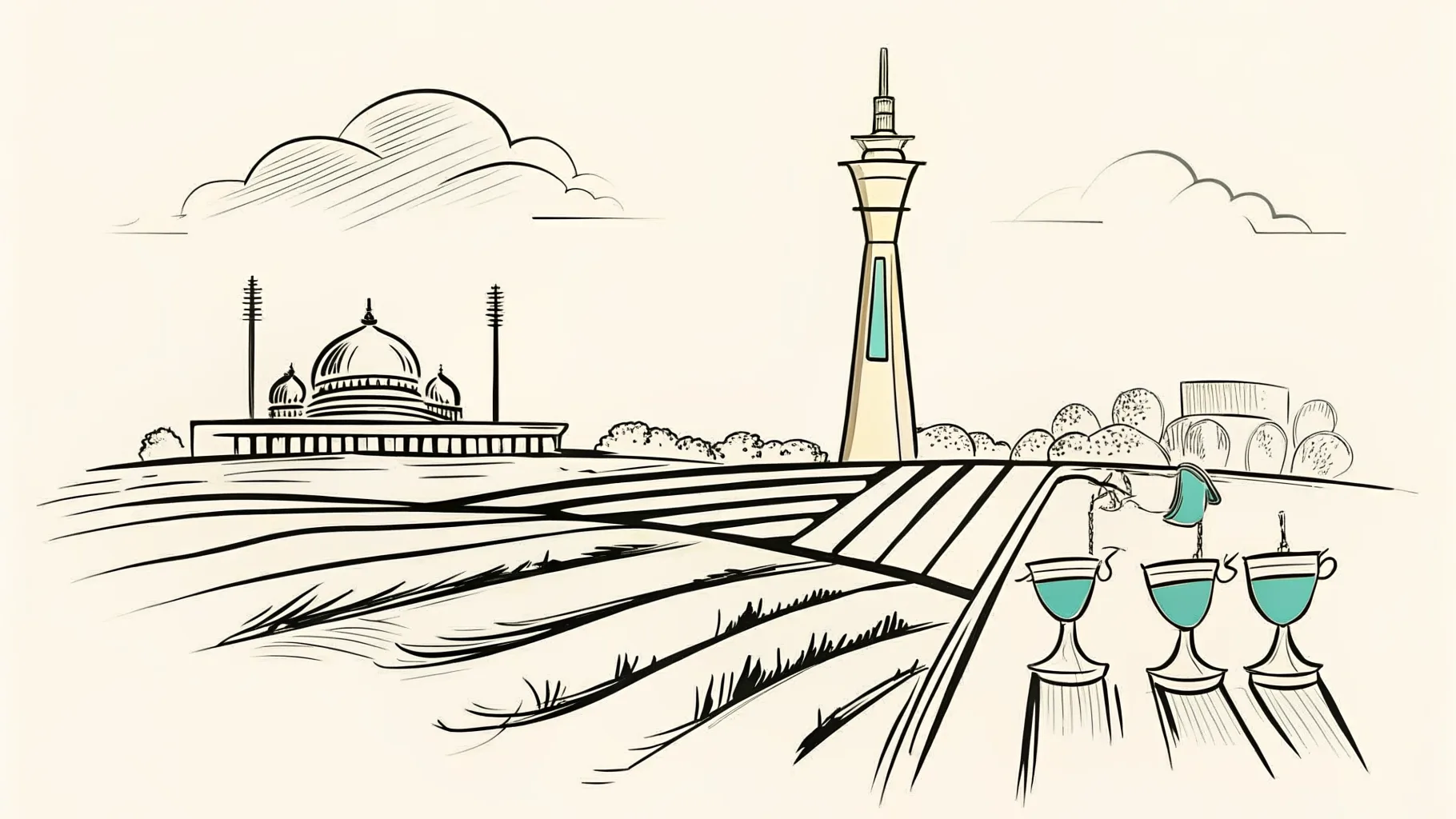Brand-style illustration showing local landmarks of Alor Setar, Kedah alongside a row of trophies and engraved corporate gifts.
