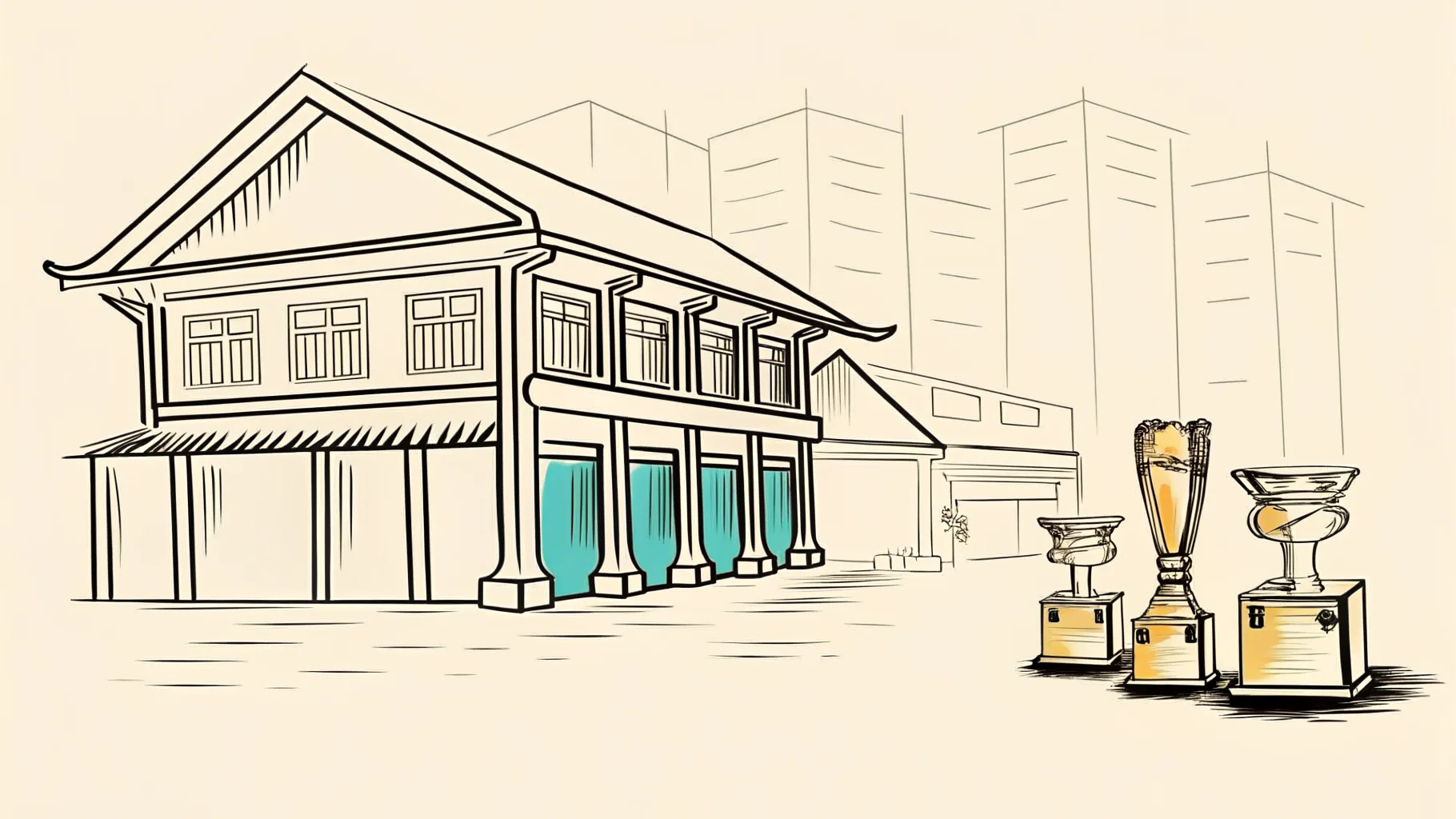 Brand-style illustration showing local landmarks of Bukit Mertajam, Pulau Pinang alongside a row of trophies and engraved corporate gifts.