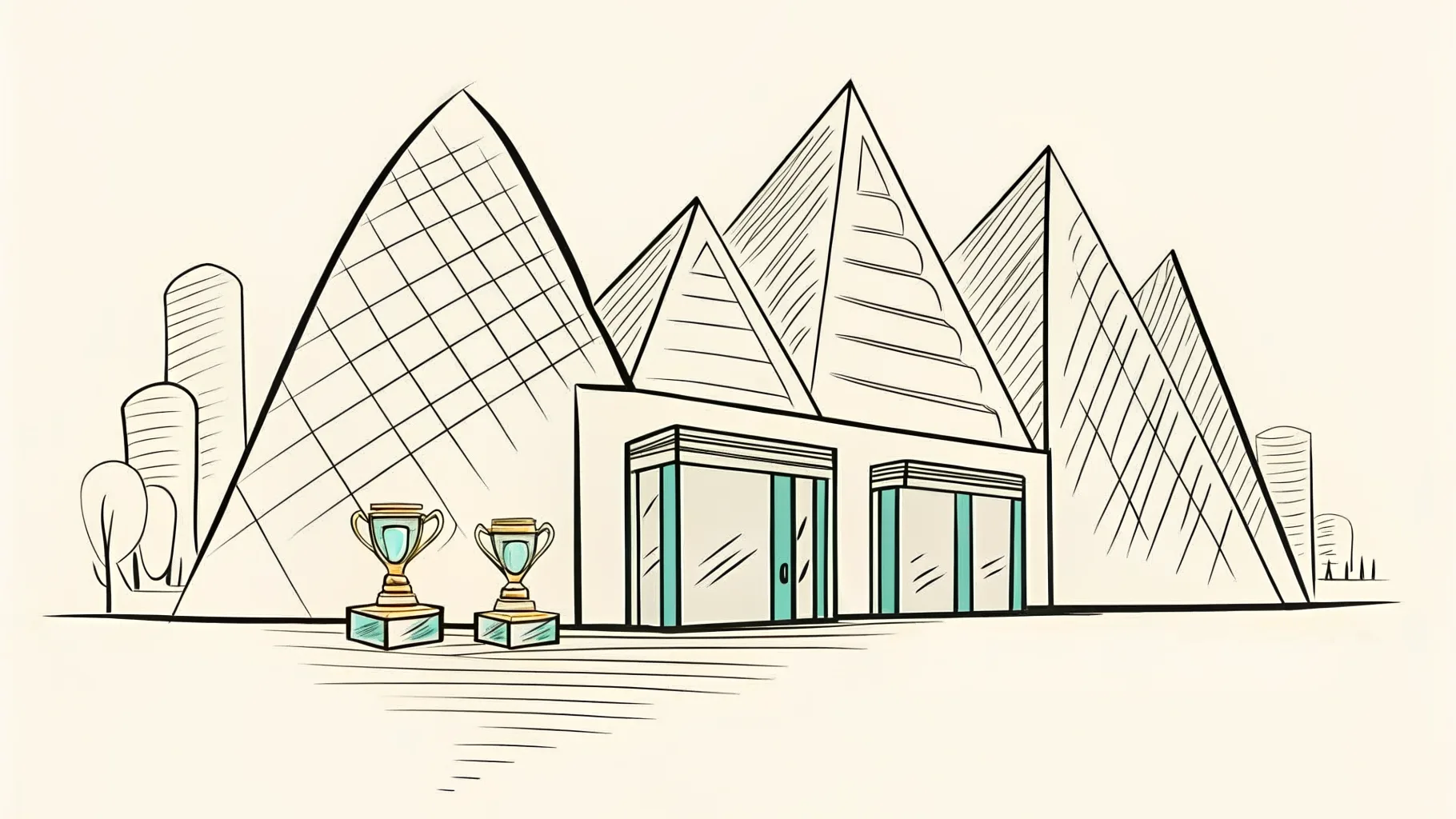 Brand-style illustration showing local landmarks of Cyberjaya, Selangor alongside a row of trophies and engraved corporate gifts.