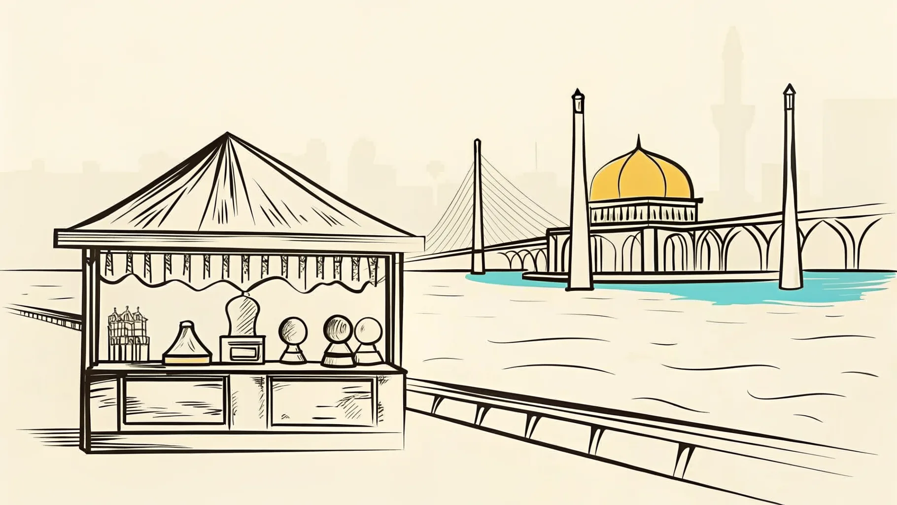 Brand-style illustration showing local landmarks of Johor Bahru, Johor alongside a row of trophies and engraved corporate gifts.