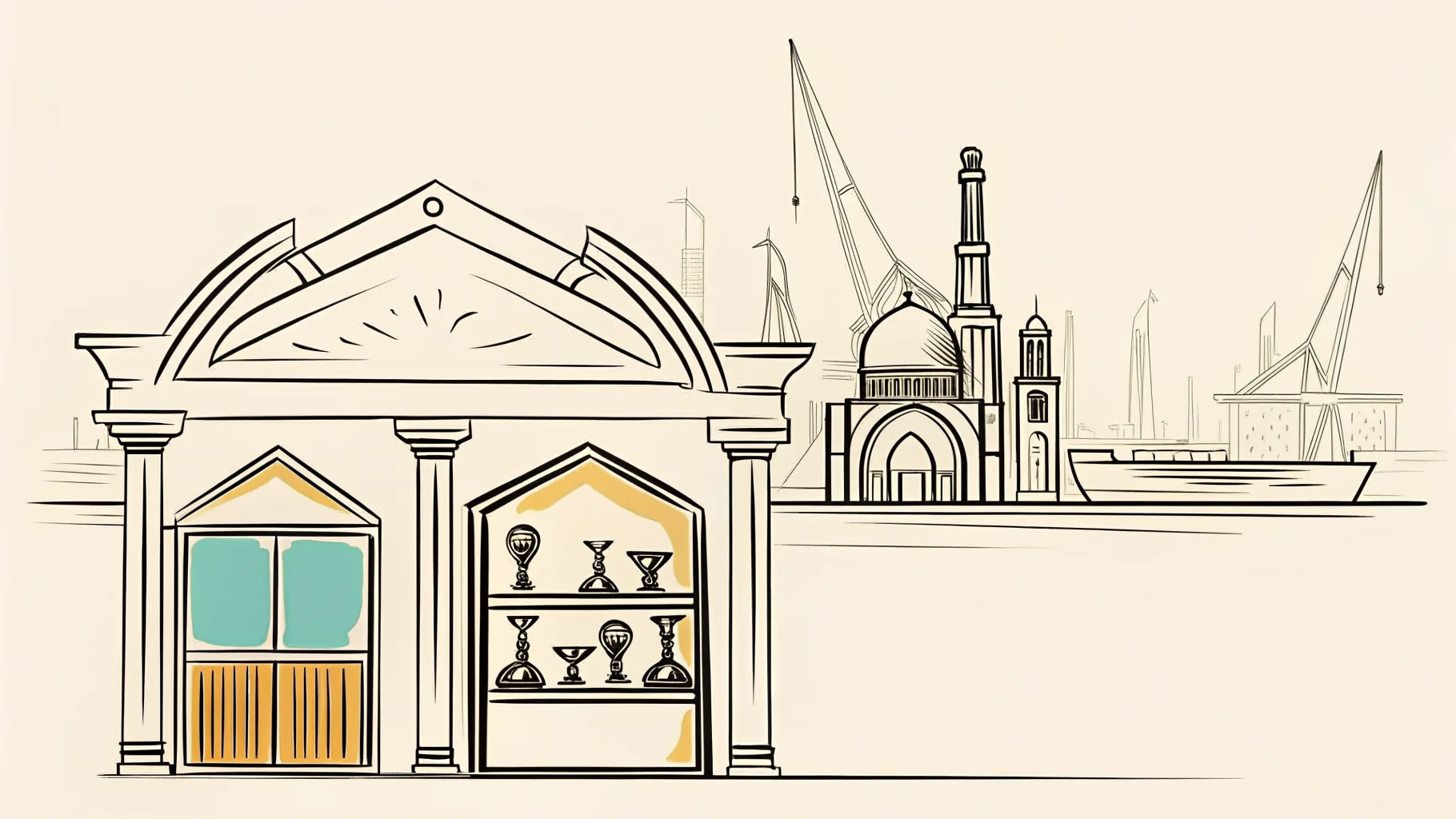 Brand-style illustration showing local landmarks of Klang, Selangor alongside a row of trophies and engraved corporate gifts.