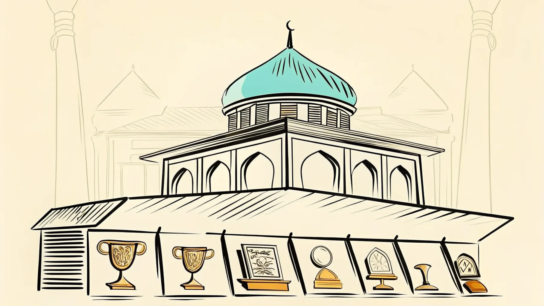 Brand-style illustration showing local landmarks of Kota Bharu, Kelantan alongside a row of trophies and engraved corporate gifts.