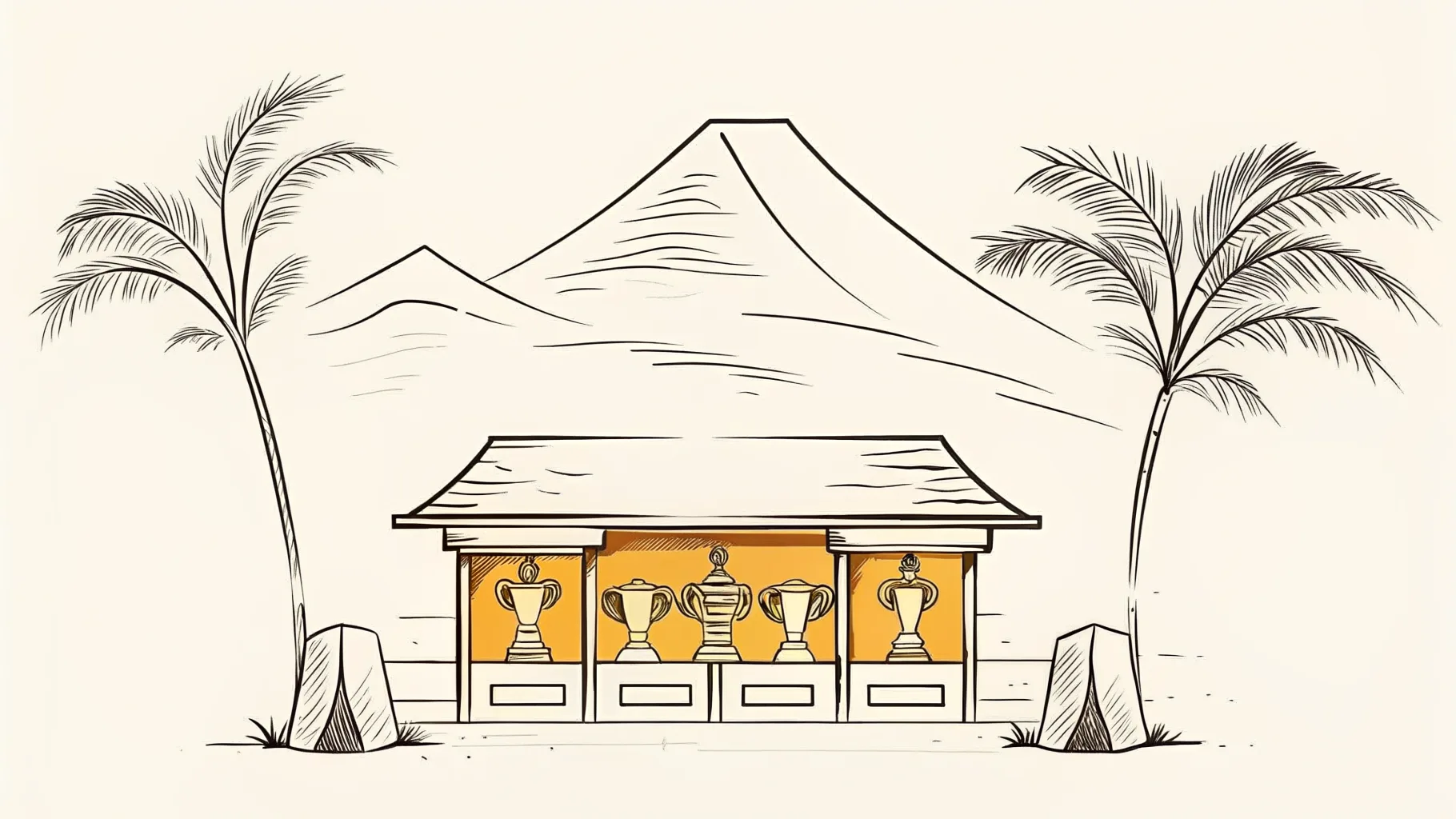 Brand-style illustration showing local landmarks of Kota Kinabalu, Sabah alongside a row of trophies and engraved corporate gifts.