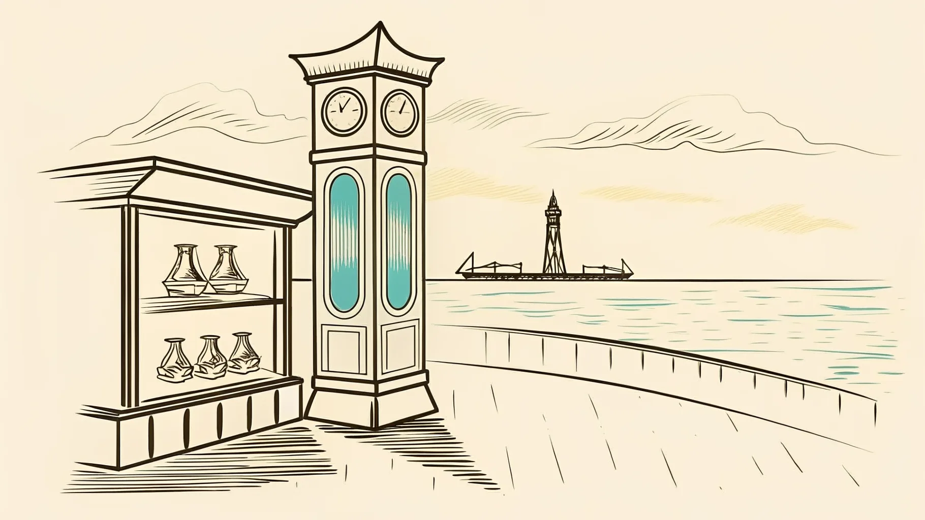 Brand-style illustration showing local landmarks of Labuan, Wilayah Persekutuan Labuan alongside a row of trophies and engraved corporate gifts.