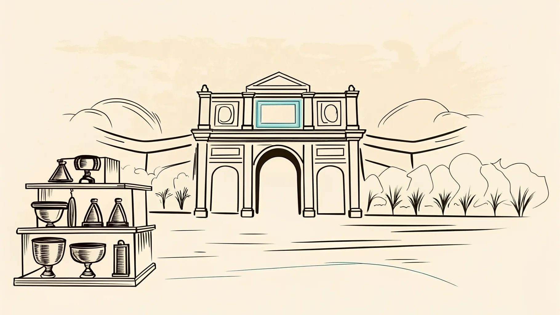 Brand-style illustration showing local landmarks of Melaka, Melaka alongside a row of trophies and engraved corporate gifts.