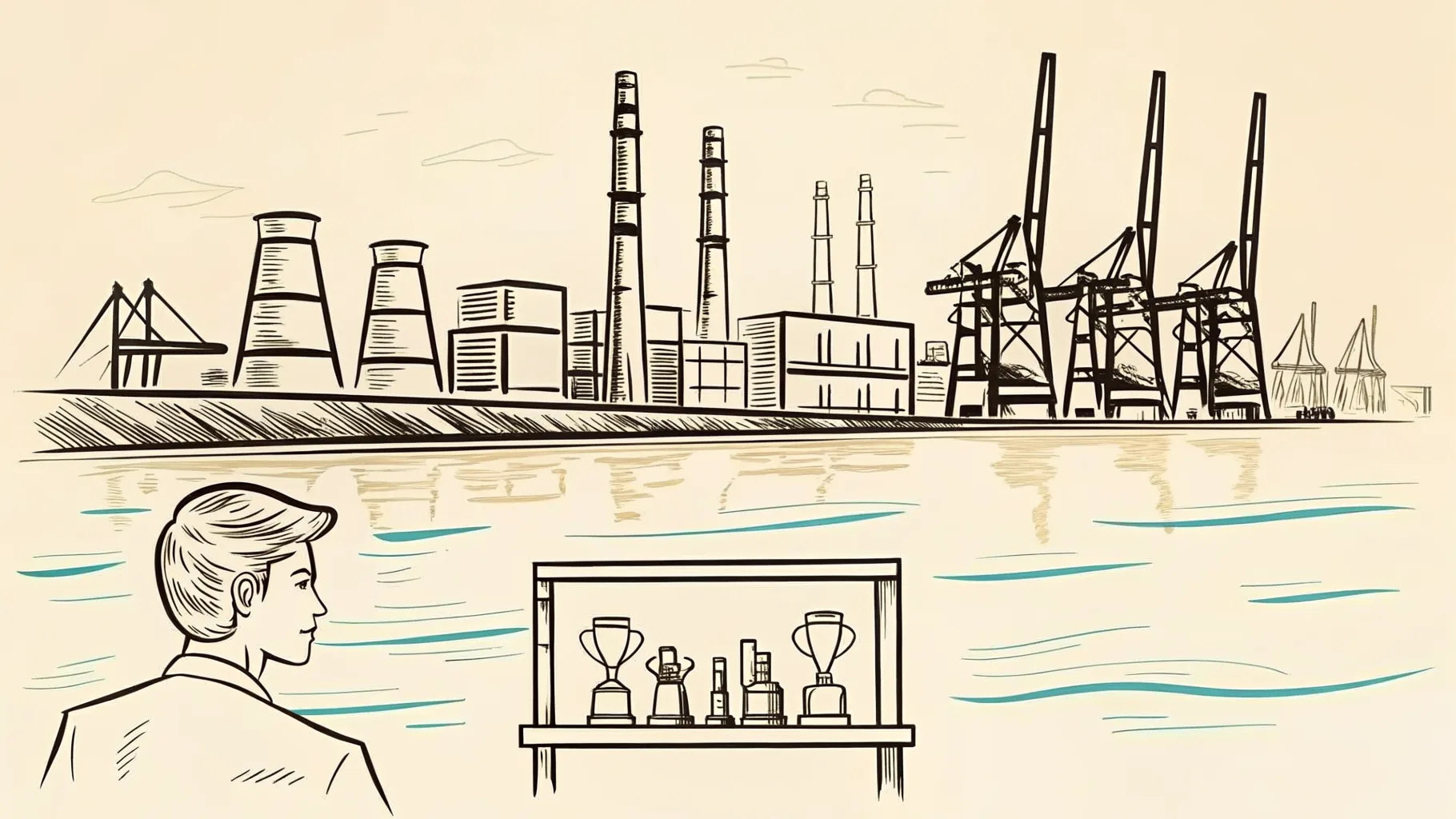 Brand-style illustration showing local landmarks of Pasir Gudang, Johor alongside a row of trophies and engraved corporate gifts.