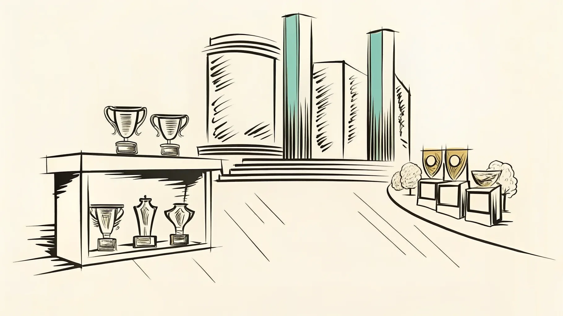 Brand-style illustration showing local landmarks of Puchong, Selangor alongside a row of trophies and engraved corporate gifts.