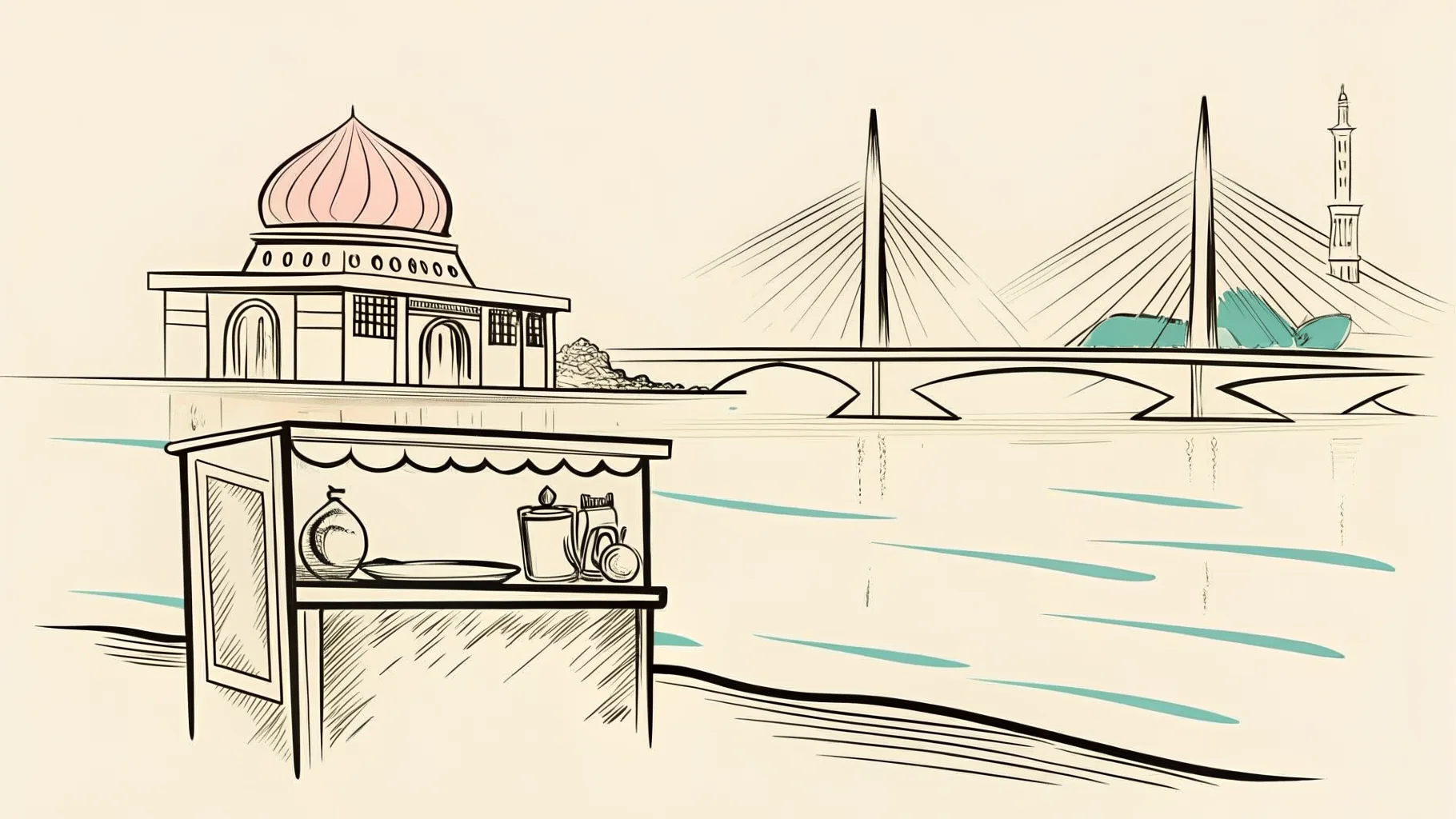 Brand-style illustration showing local landmarks of Putrajaya, Wilayah Persekutuan Putrajaya alongside a row of trophies and engraved corporate gifts.