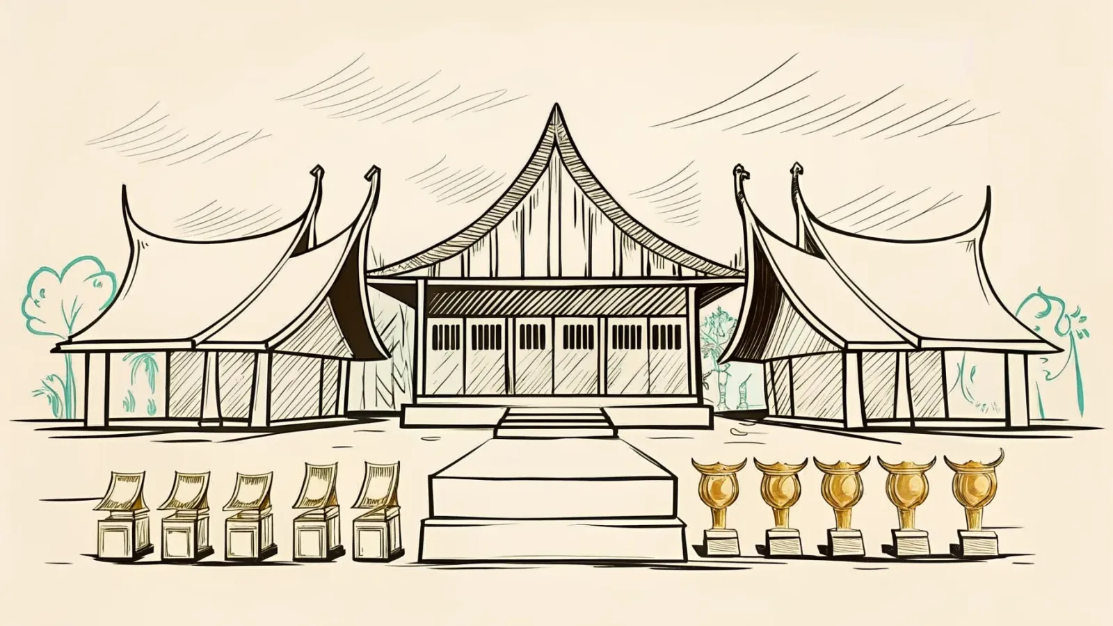 Brand-style illustration showing local landmarks of Seremban, Negeri Sembilan alongside a row of trophies and engraved corporate gifts.