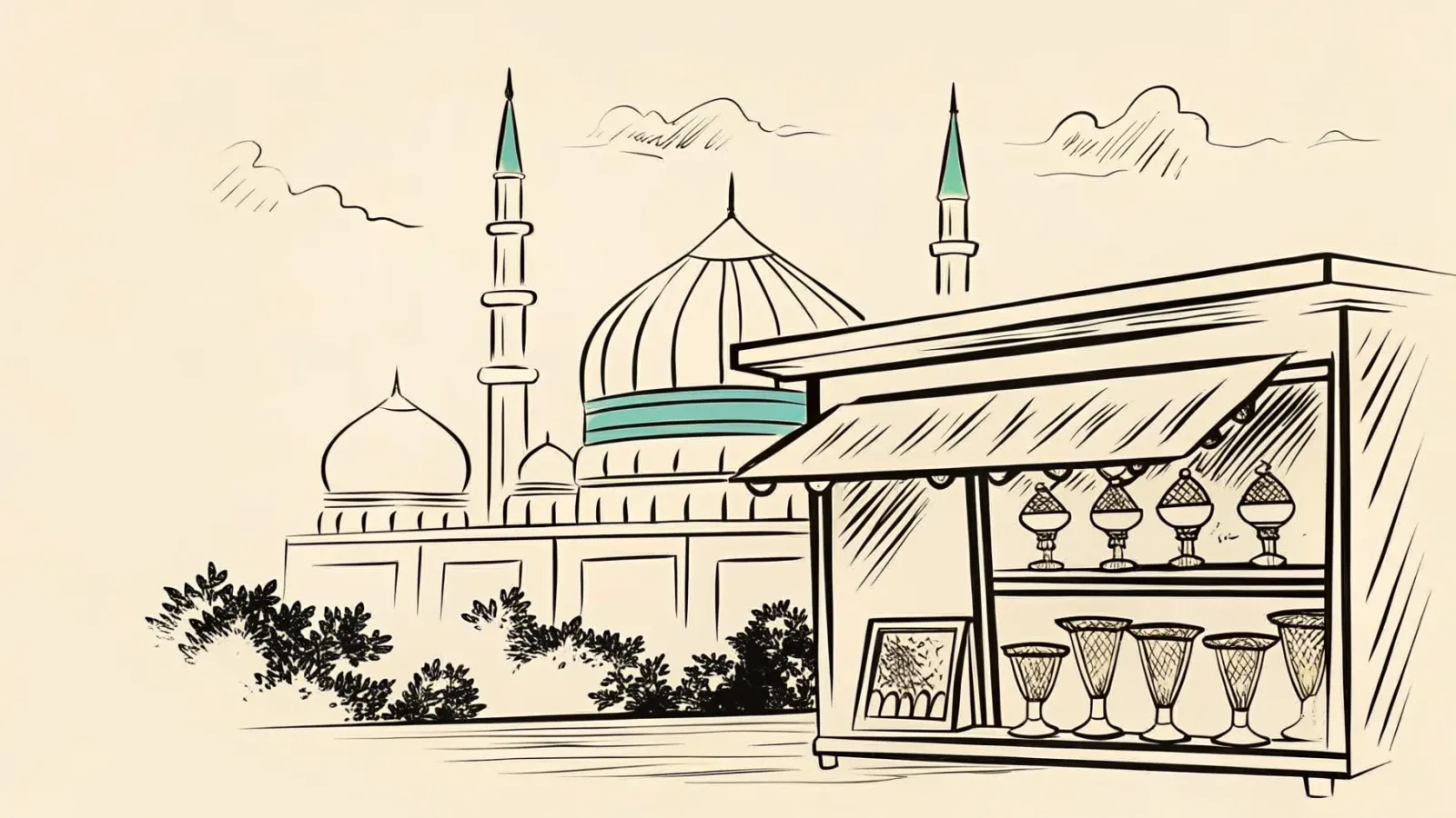 Brand-style illustration showing local landmarks of Shah Alam, Selangor alongside a row of trophies and engraved corporate gifts.