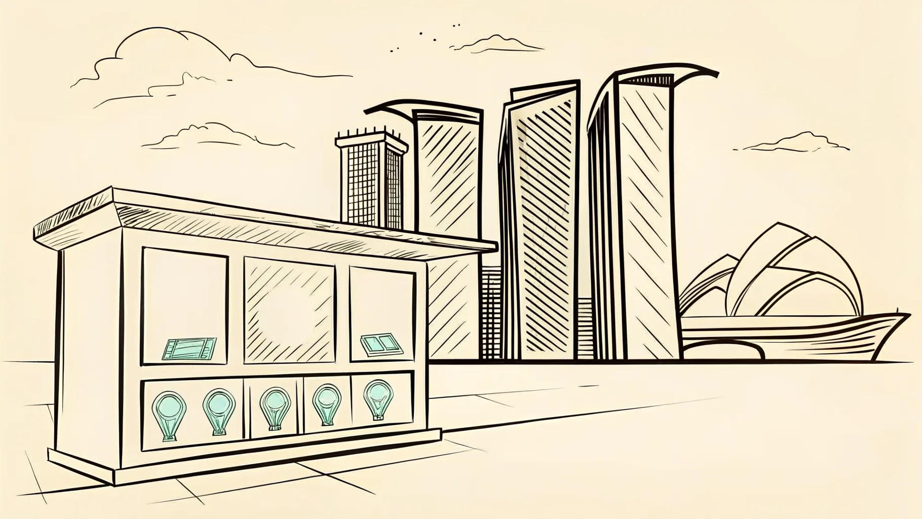 Brand-style illustration showing local landmarks of Singapore CBD, Singapore alongside a row of trophies and engraved corporate gifts.