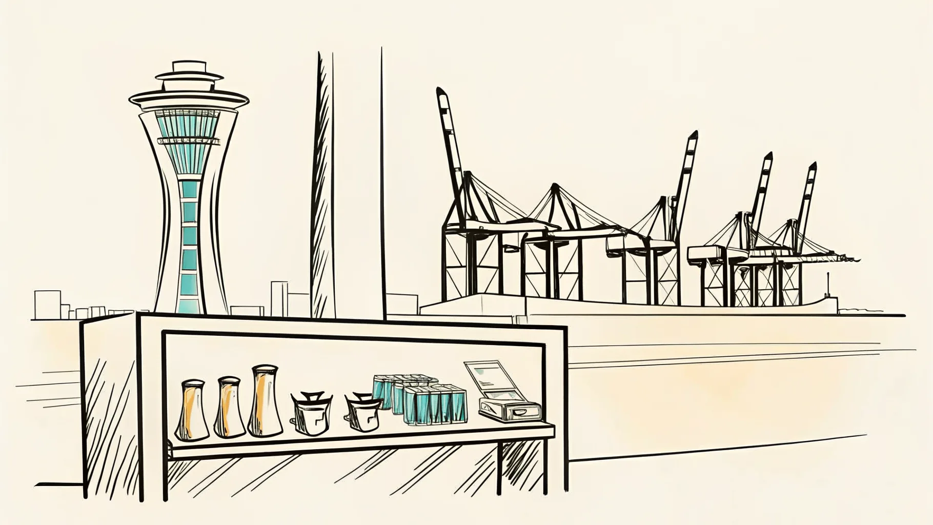 Brand-style illustration showing local landmarks of Singapore West, Singapore alongside a row of trophies and engraved corporate gifts.