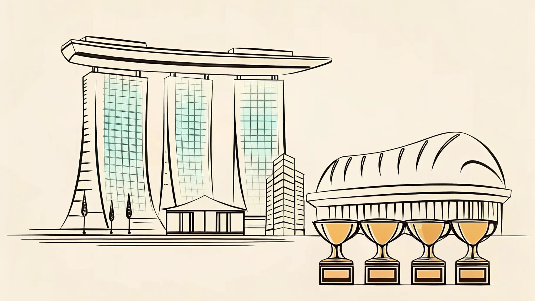 Brand-style illustration showing local landmarks of Singapore East, Singapore alongside a row of trophies and engraved corporate gifts.