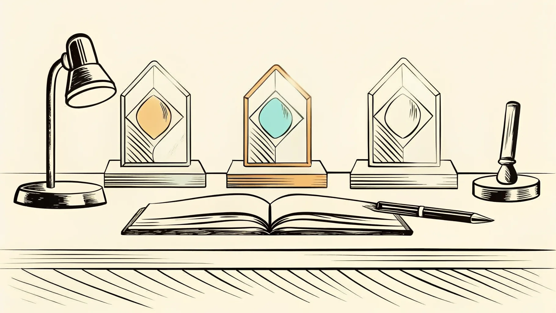 Brand-style illustration of appreciation plaques arranged across acrylic, wooden, and crystal formats.