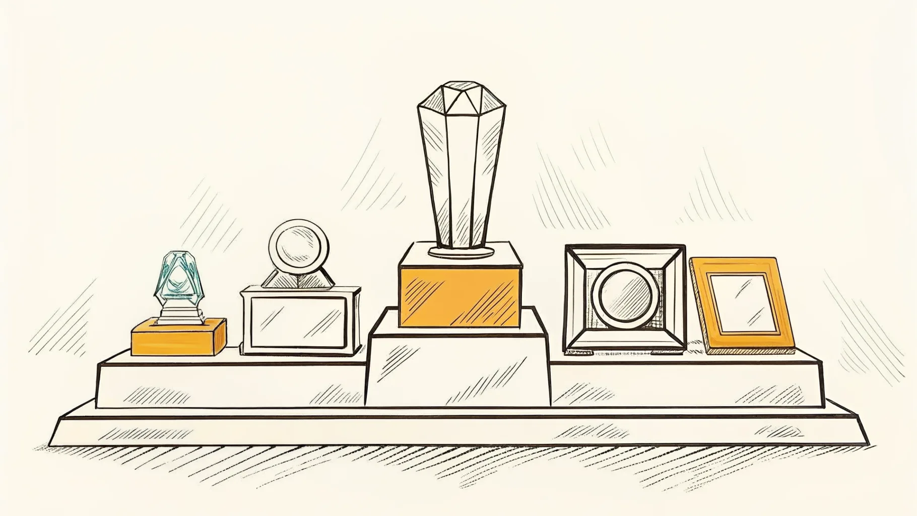 Brand-style illustration of long service awards arranged across acrylic, wooden, and crystal formats.